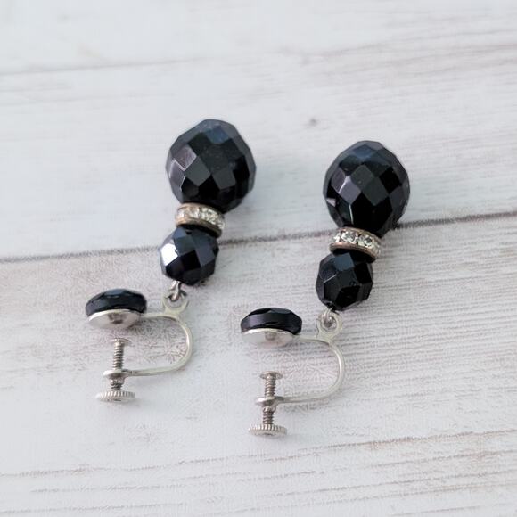 Vintage Screw Back Earrings Black Faceted Dangle - Picture 4 of 5